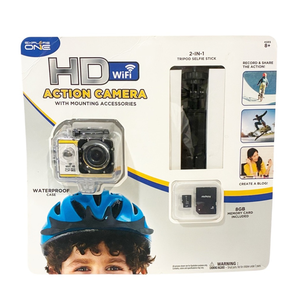 Explore One HD Action Camera with WiFi Tripod Selfie Stick Accessories 8GB Card